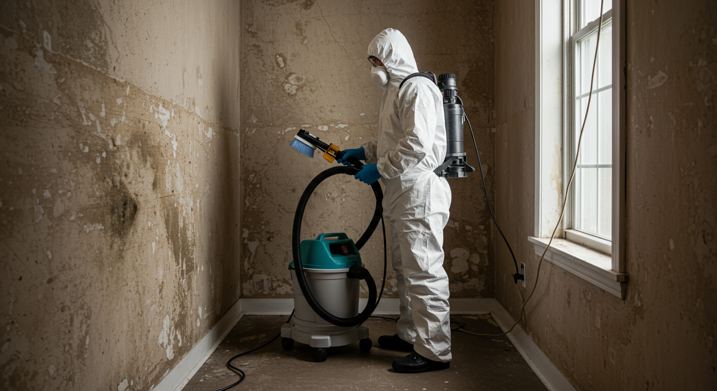 A professional mold remediation technician in protective gear using advanced equipment, such as a HEPA vacuum or air scrubber, to clean a mold-affected area.