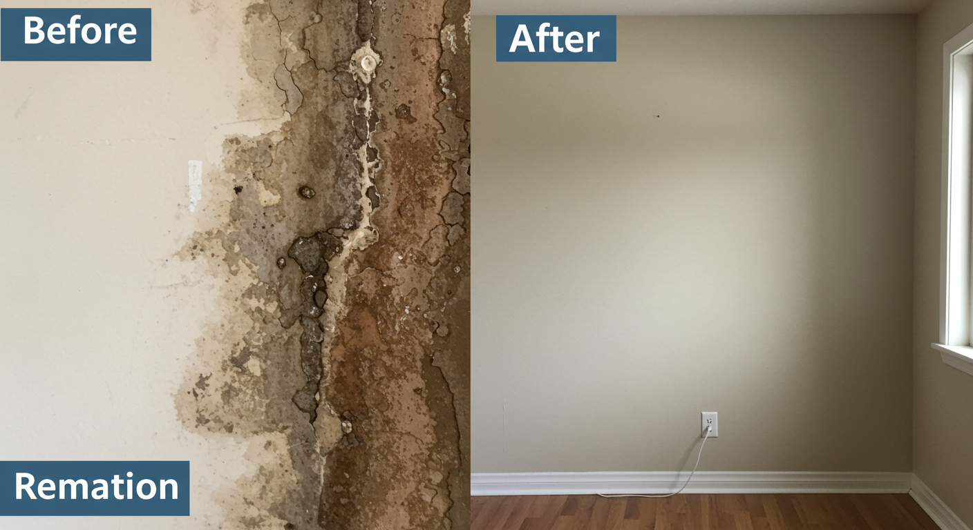 A side-by-side comparison image showing 'before' and 'after' mold remediation. One side displays a mold-infested wall, while the other shows the same wall restored to a clean state.