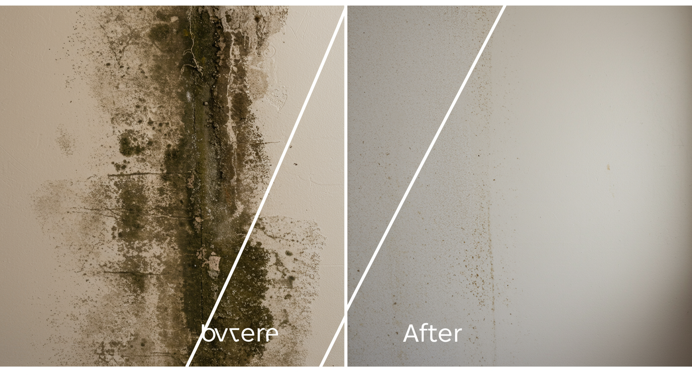 A split-screen image showing a side-by-side comparison of a mold-infested wall before remediation and the same wall after it has been cleaned and restored. The 'after' side is clean, fresh, and mold-free, emphasizing the effectiveness of the remediation process.