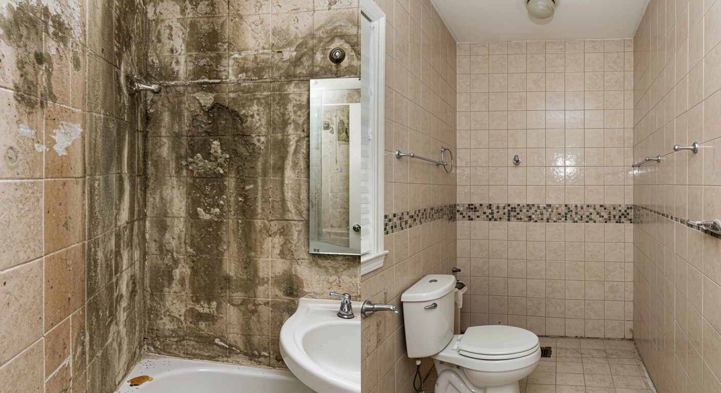 A split-screen image showing a mold-infested bathroom wall on one side and the same wall restored to a clean, mold-free state on the other. The setting is a typical Huntsville home interior.