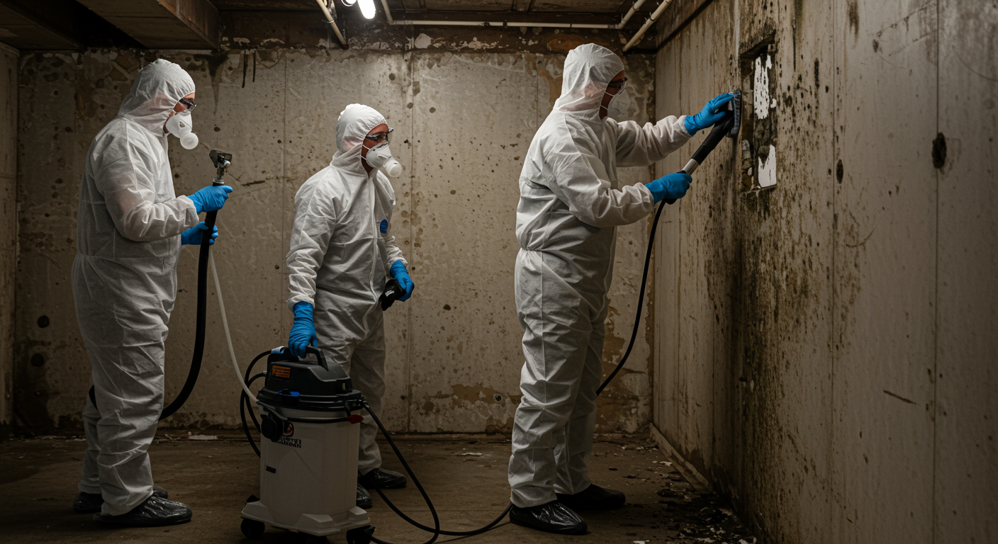A team of certified mold remediation experts in protective gear working together to remove mold from a basement wall. One technician is scrubbing the wall, while another is using a HEPA vacuum.