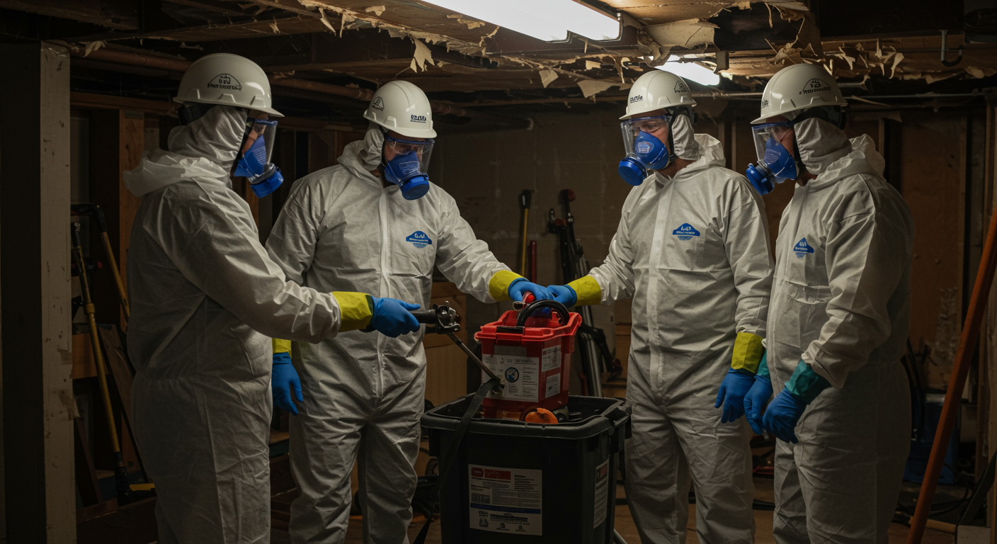 A team of certified mold remediation professionals in protective gear working together to remove mold from a basement in Huntsville, AL.