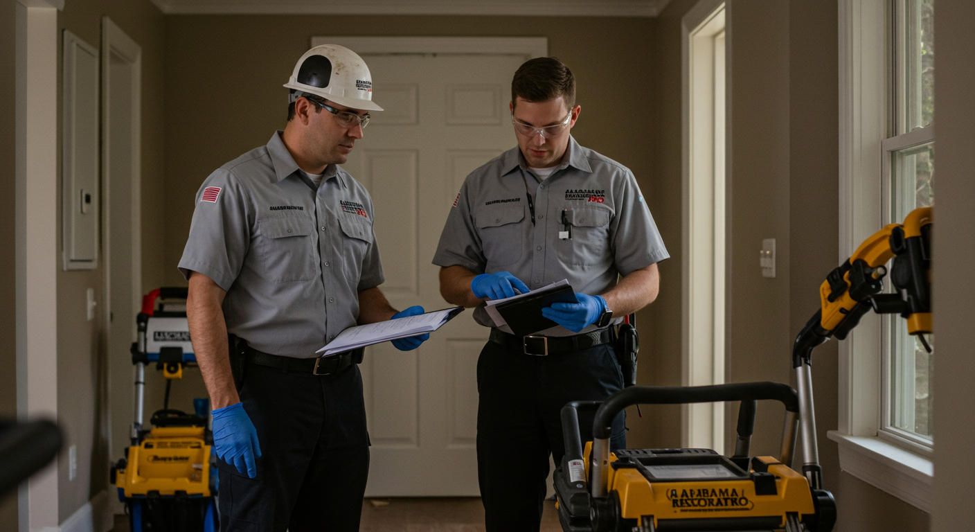 Certified technicians inspecting mold damage in Huntsville home