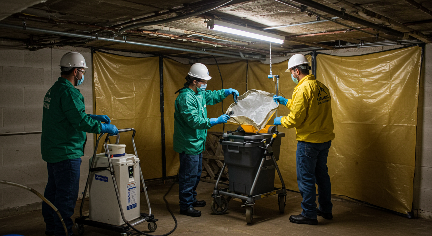 A team of certified mold remediation professionals using advanced equipment to remove mold from a basement. The image captures the process, including containment barriers and cleaning tools.