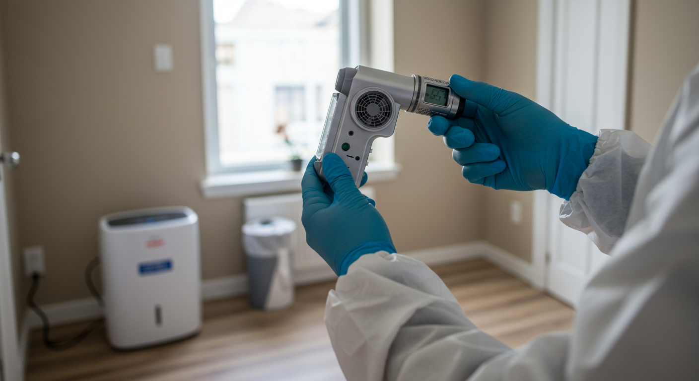 A technician conducting air quality testing in a home after mold remediation. The background shows a clean, well-ventilated room with a dehumidifier and other preventive measures in place.