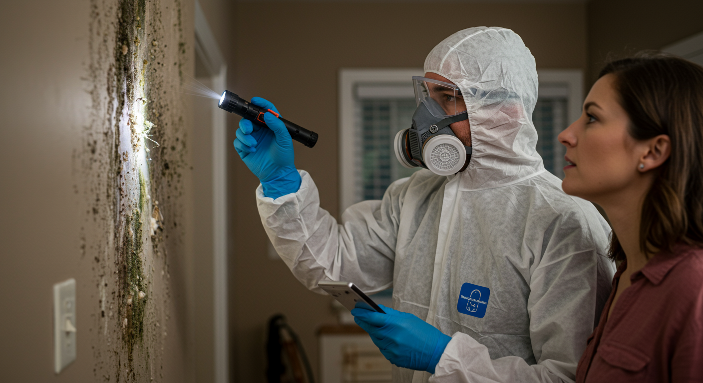 A certified mold remediation specialist inspecting a wall with visible mold growth in Huntsville, AL.