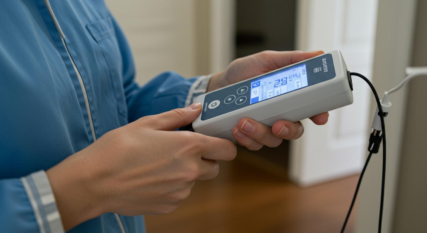 A close-up of an air quality testing device being used in a home environment, with a focus on the technician's hands and the device.