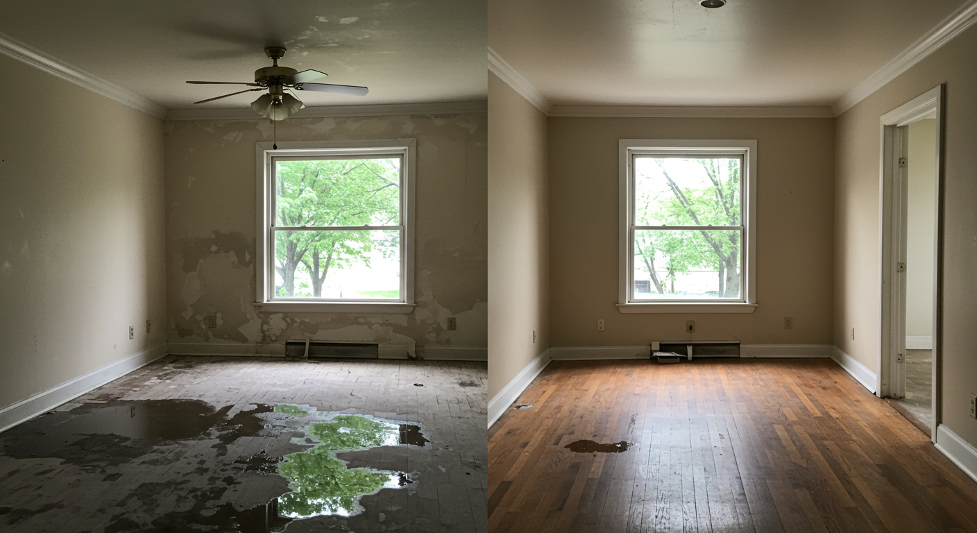 A before-and-after comparison of a water-damaged room restored to its original condition. The image showcases the effectiveness of the remediation services.