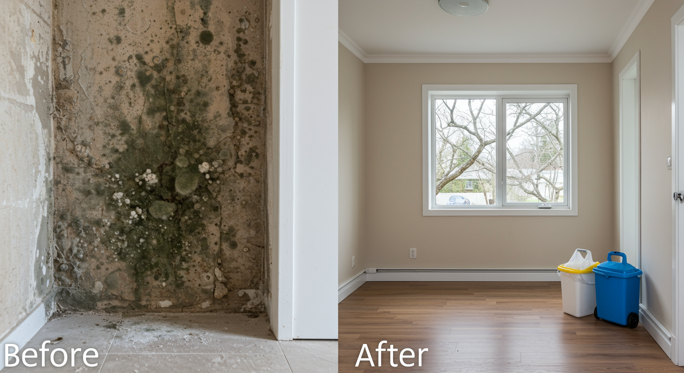 A before-and-after comparison of a mold-infested area and the same area after professional cleaning. The transformation highlights the effectiveness of mold remediation services, showcasing a clean and safe environment.