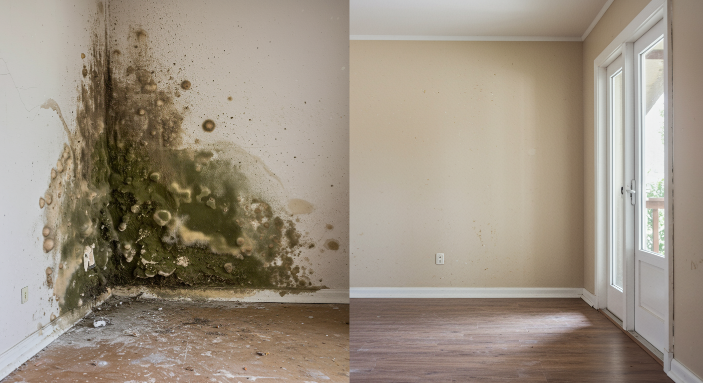 A before-and-after comparison of a mold-infested area in a home, showing the transformation after professional remediation. The left side shows visible mold growth, while the right side is clean and restored.