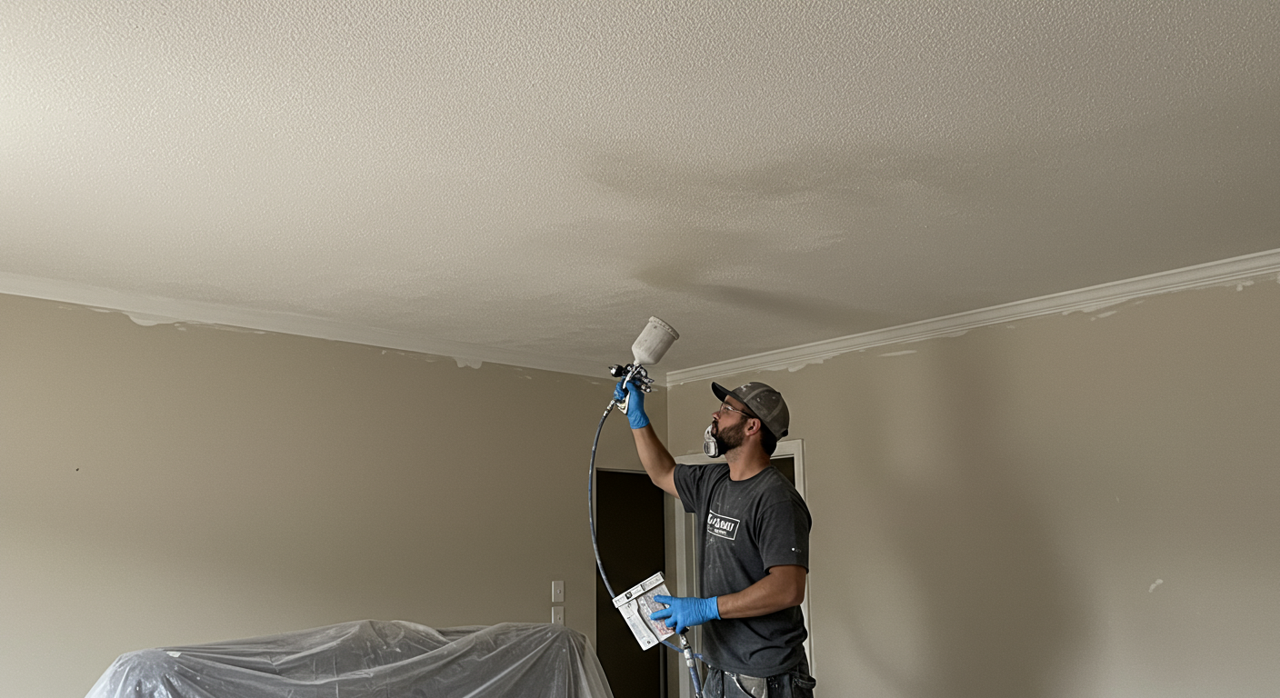 A professional contractor applying popcorn ceiling texture in a living room setting.