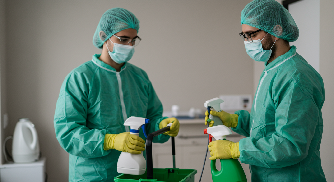 An eco-friendly mold remediation process in action, showing technicians using green cleaning products and equipment in a home setting. The focus is on sustainable practices.