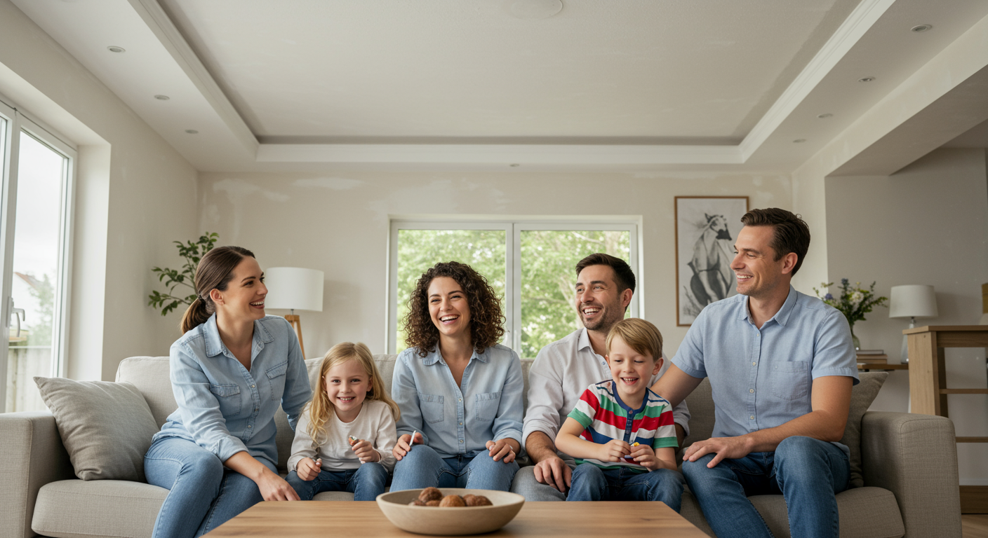 A family enjoying their living room under a newly sprayed ceiling, with smiles and a sense of satisfaction in their home environment.