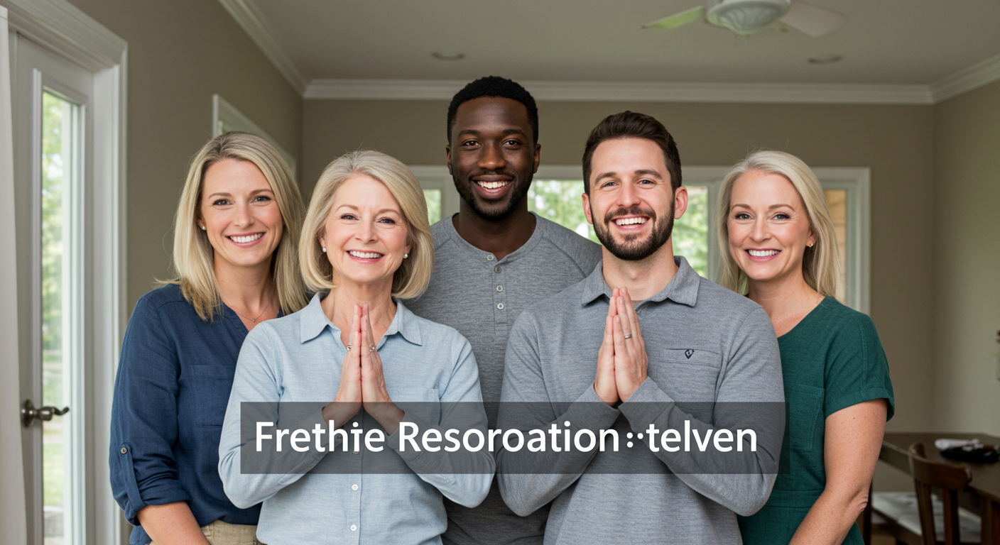 A warm and inviting image featuring satisfied clients standing in their restored home, smiling and expressing gratitude. The background shows the beautifully restored space, reinforcing the positive impact of the restoration services.