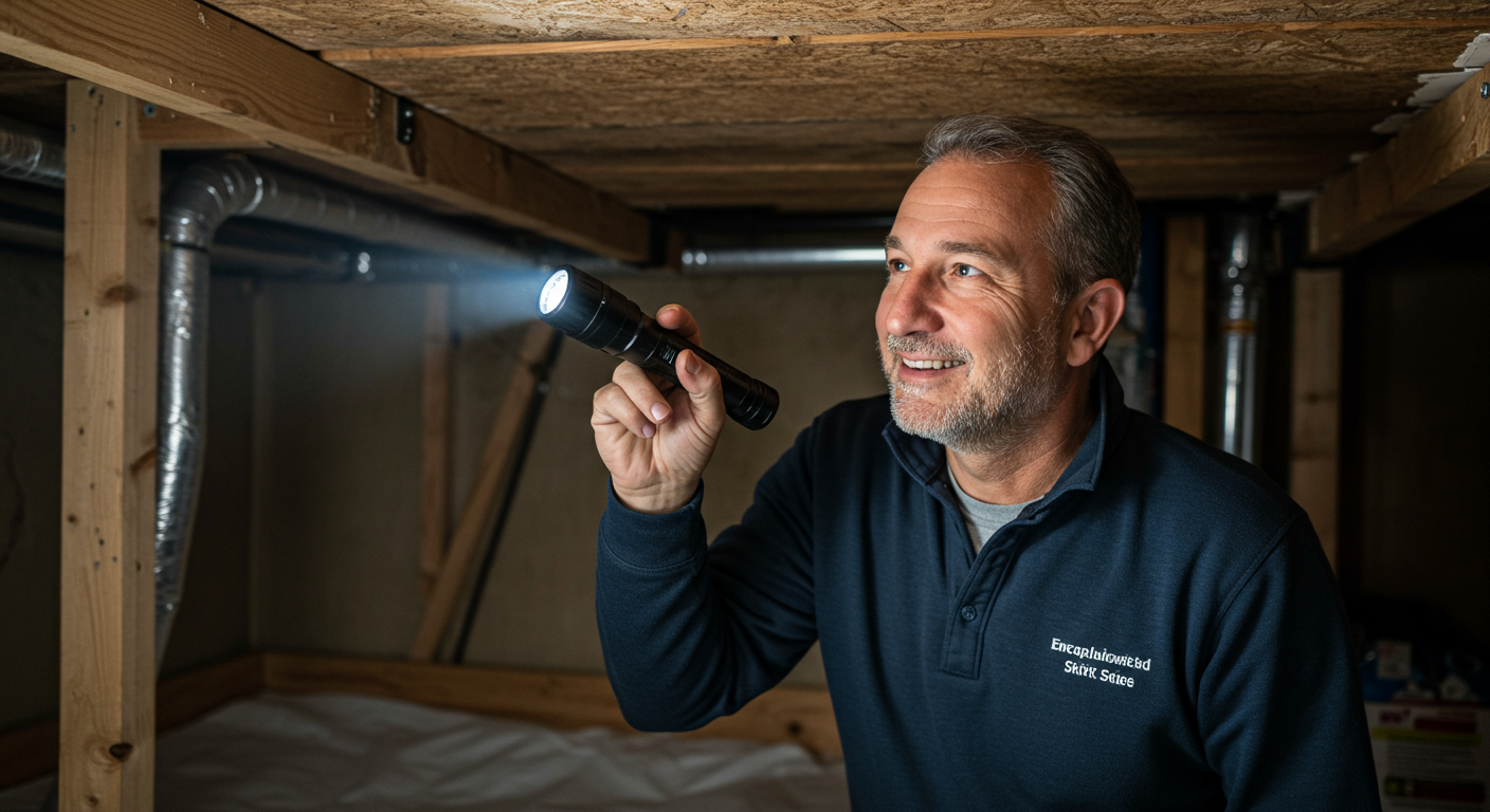 A homeowner inspecting their encapsulated crawl space with a flashlight, looking pleased.