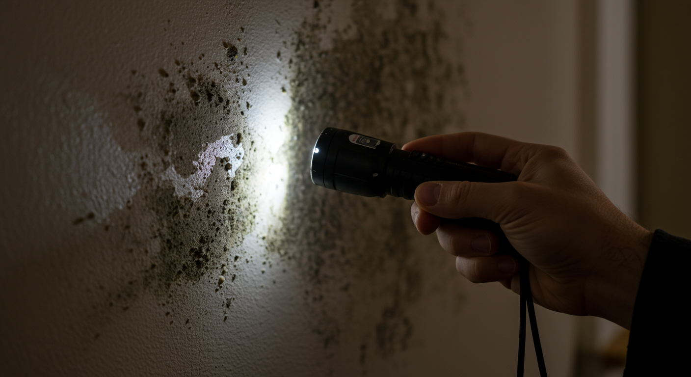 A close-up shot of a homeowner inspecting a wall for mold, using a flashlight to highlight dark spots. The wall shows visible signs of mold growth.