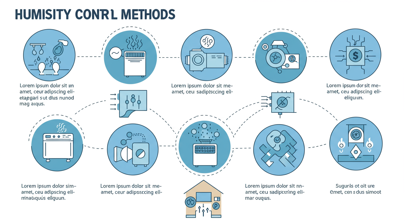 An infographic-style image depicting humidity control methods, such as dehumidifiers and ventilation systems. The image visually represents how these methods can prevent mold growth in homes.