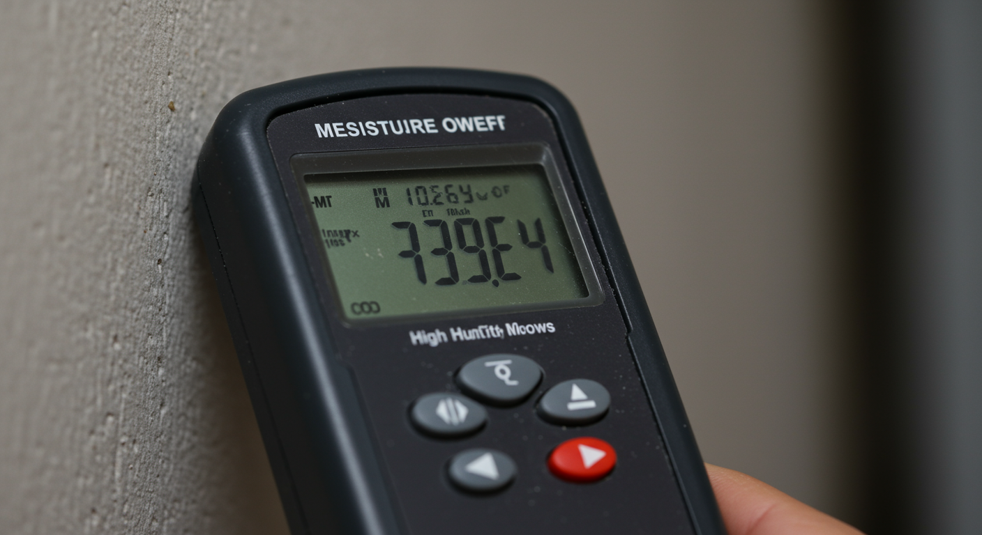 A close-up of a moisture meter reading high humidity levels on a wall, indicating potential mold growth.