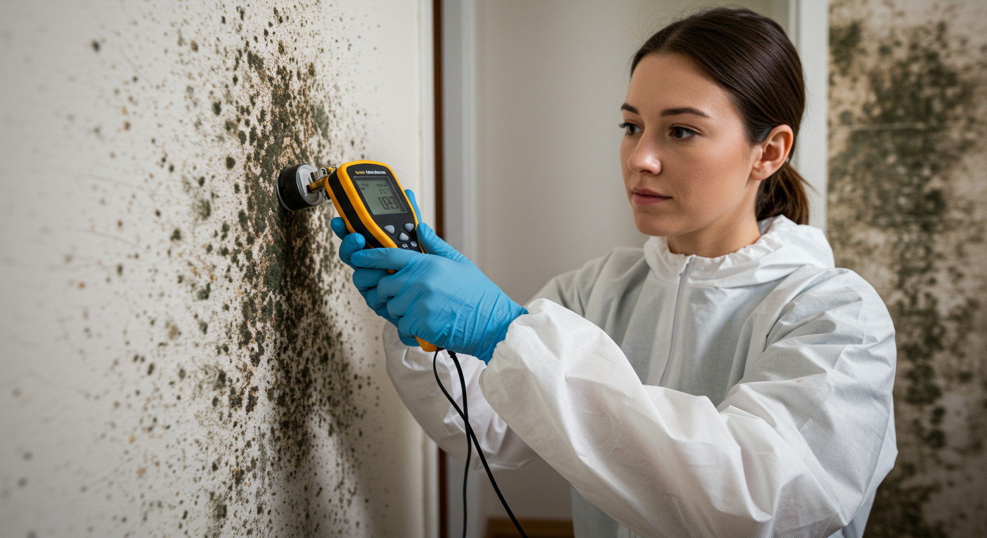 A professional mold inspector examining a wall with a moisture meter, highlighting the seriousness of mold inspection.