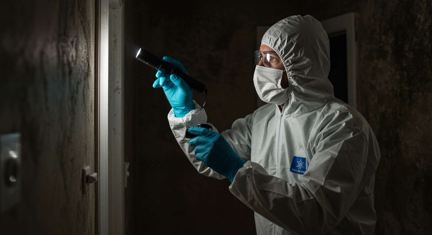 A professional mold remediation technician in protective gear inspecting a home for mold.