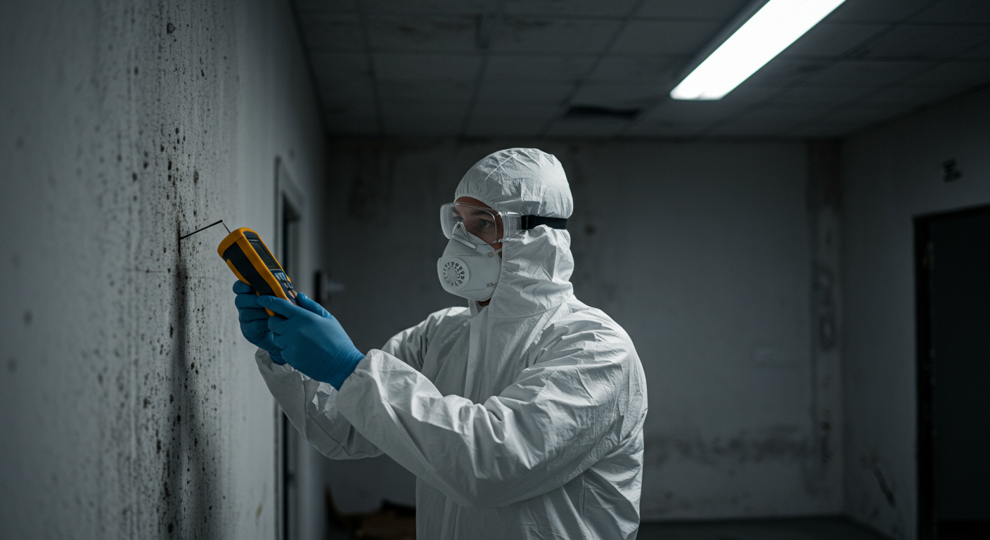 A professional mold inspector in protective gear examining a commercial building's wall with a moisture meter, highlighting the mold testing process.