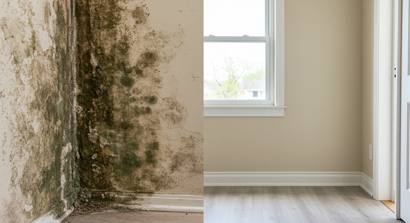 A before-and-after comparison of a mold-infested area in a home, showing the transformation after professional cleaning. The left side shows visible mold, while the right side is clean and bright, highlighting the effectiveness of mold remediation services.