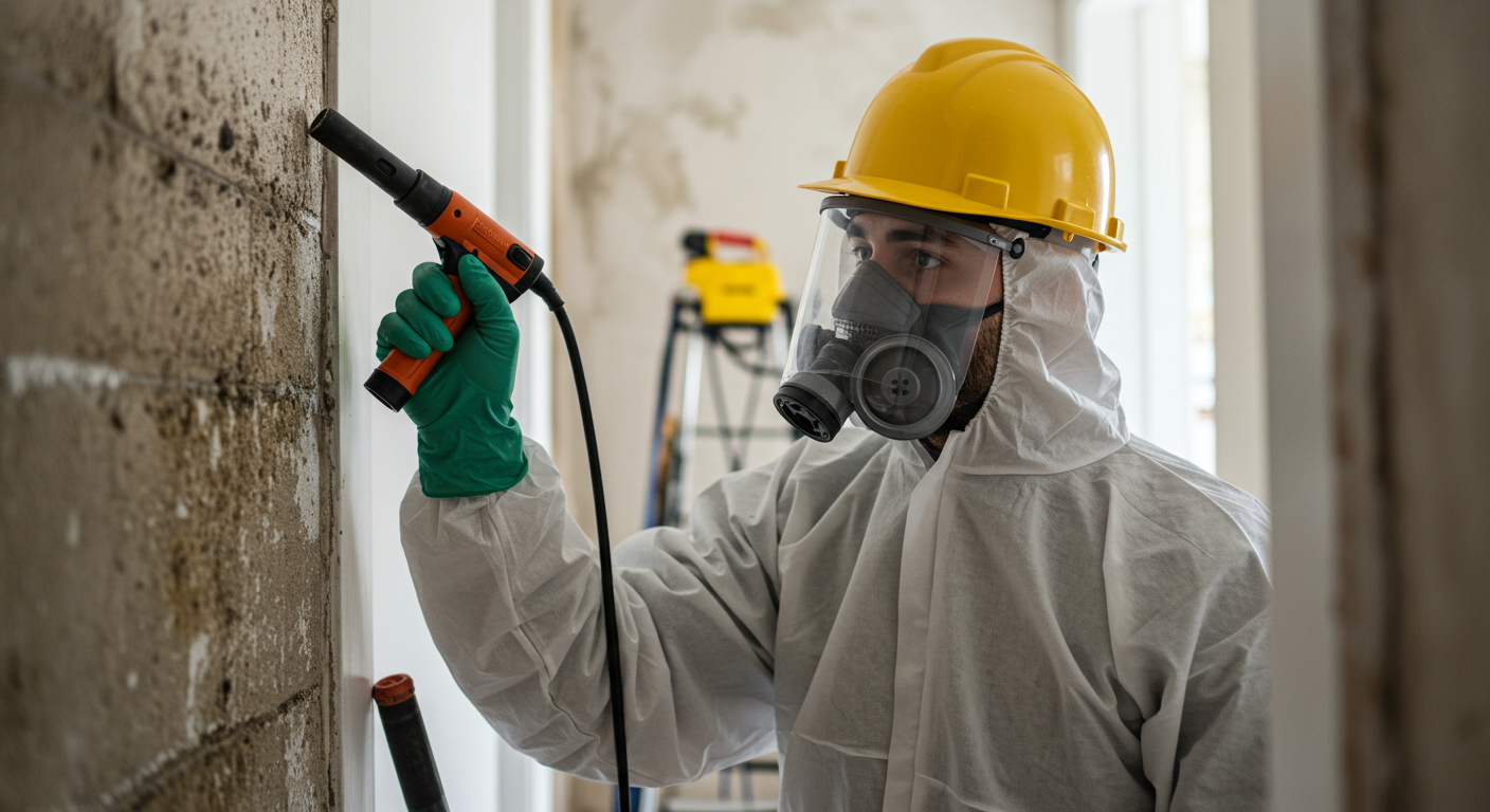 A close-up of a technician in protective gear inspecting a wall for mold, with visible tools and equipment in the background. This conveys the thoroughness of the restoration process.