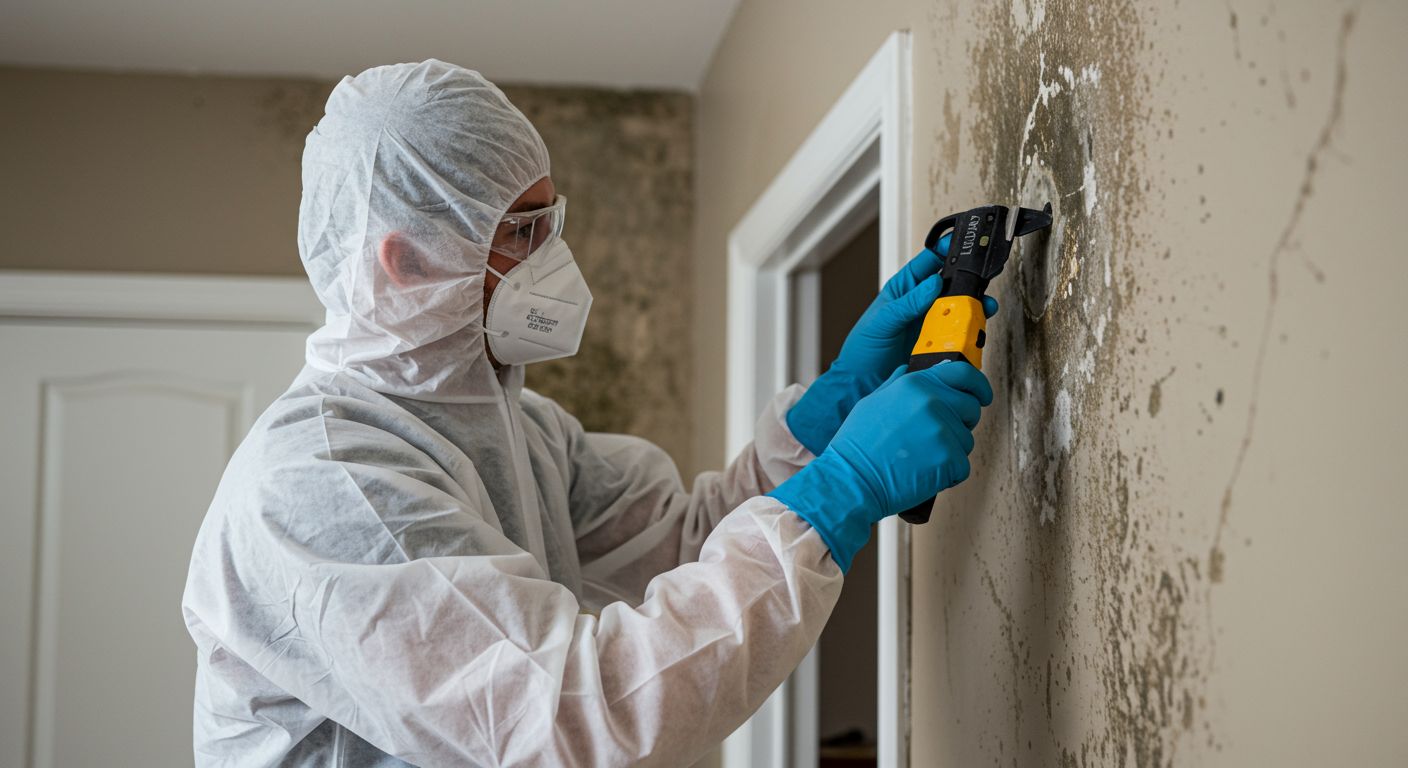A professional mold removal technician in protective gear actively removing mold from a wall in a residential setting.