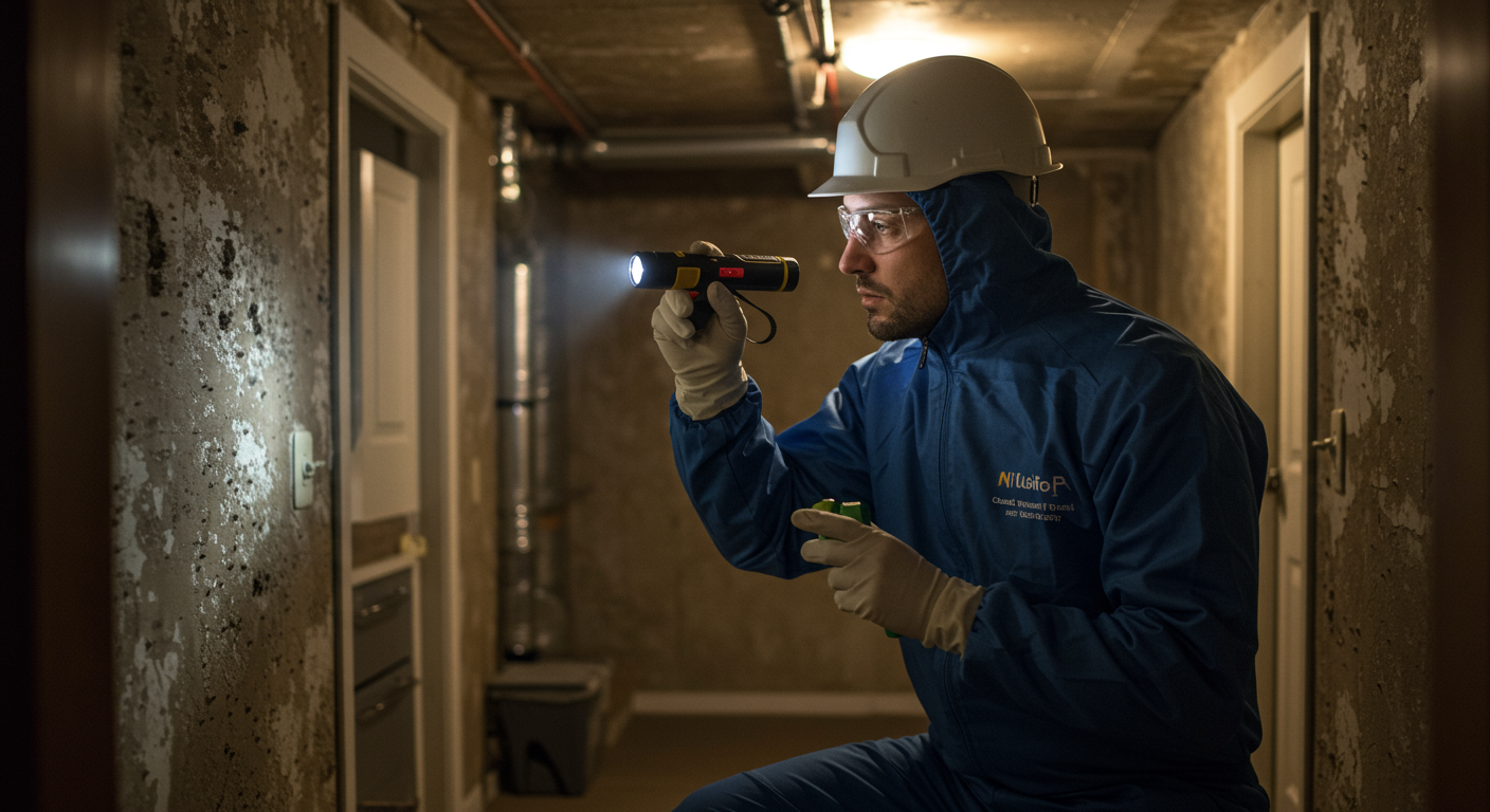 A professional technician inspecting a home for mould, using a flashlight and a moisture meter. The background shows a dimly lit basement with visible mould patches on the walls.