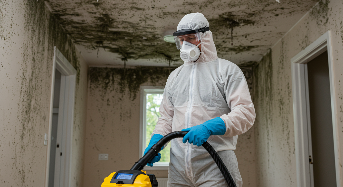 A person wearing protective gear using a mold vacuum in a home setting.