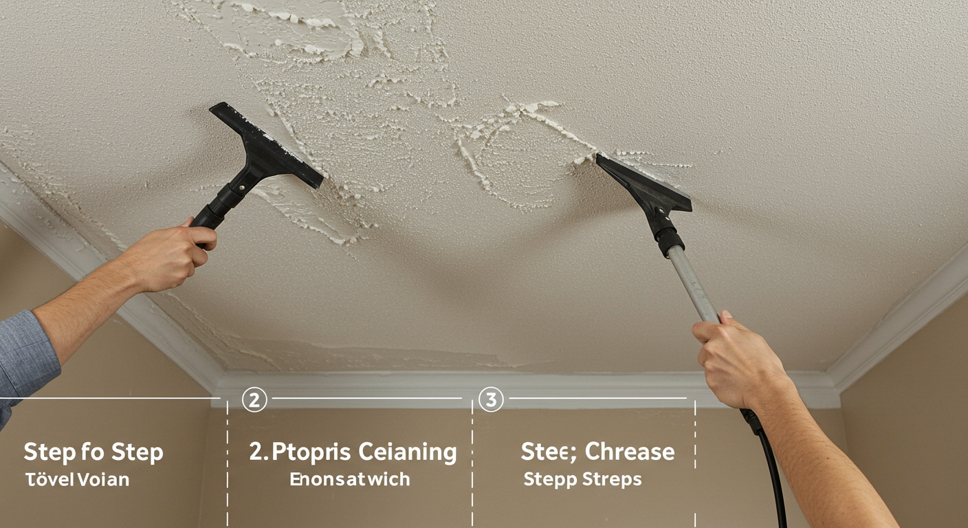 A step-by-step visual representation of the popcorn ceiling removal process, showing a person spraying the ceiling and then scraping it off.