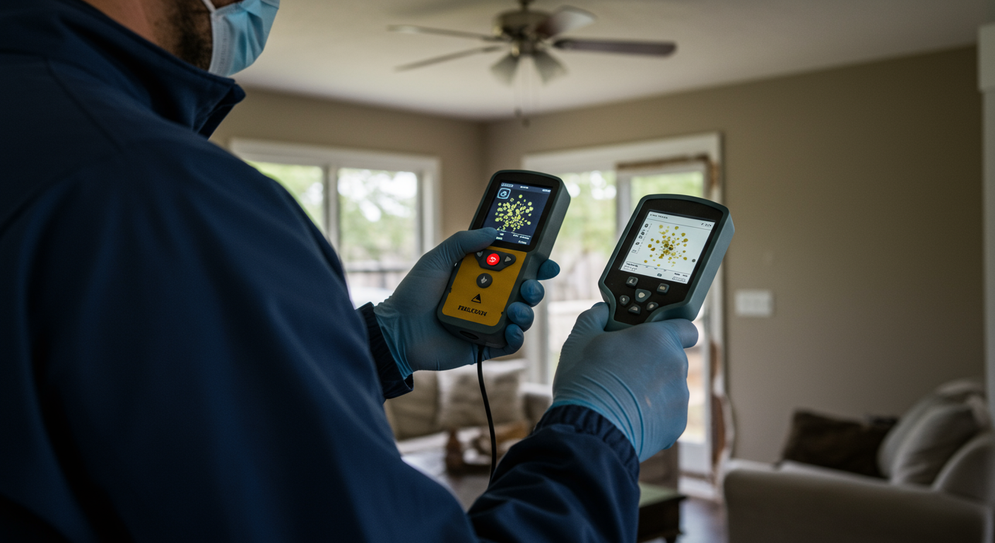 A professional mold remediation expert using a high-tech mold detection device in a residential home in Huntsville, AL. The expert is wearing protective gear, and the device screen shows mold detection results. The background features a well-lit living room with subtle signs of water damage.