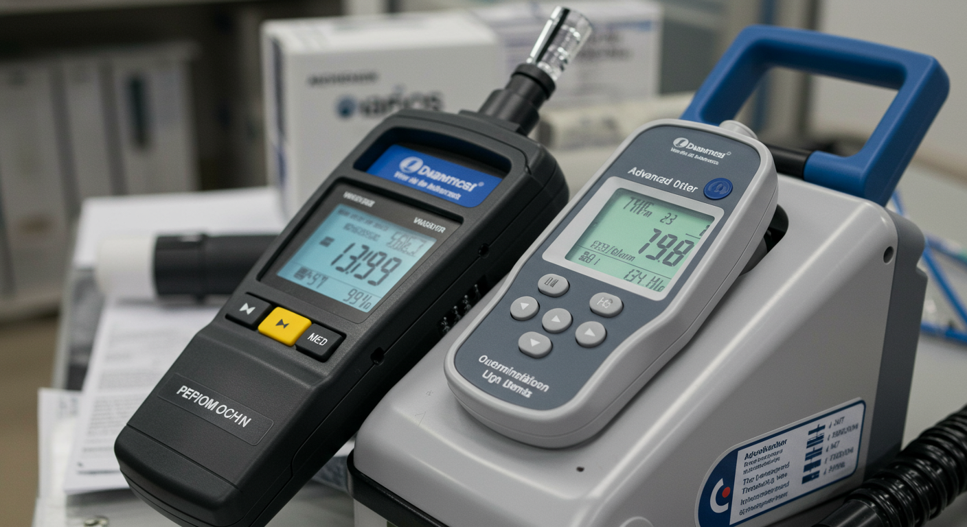A close-up of advanced mold remediation tools, including an air scrubber, moisture meter, and HEPA vacuum. The background shows a clean workspace with a focus on the equipment.