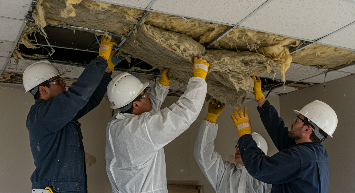 An image of a professional asbestos removal team at work, demonstrating the process of safely removing insulation from a ceiling. The focus is on teamwork and safety protocols.