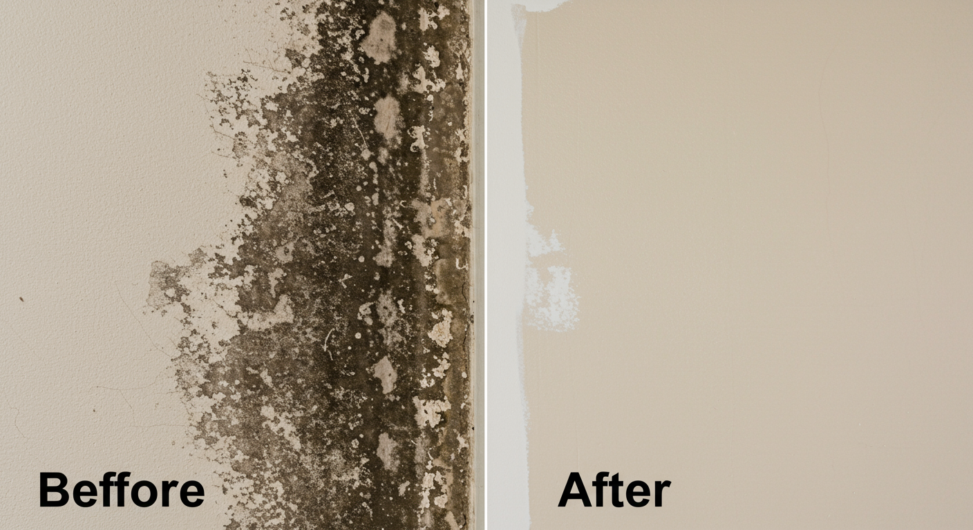 A split image showing a side-by-side comparison of a mold-infested wall before and after remediation. The 'before' side has dark mold patches, while the 'after' side is clean and freshly painted.
