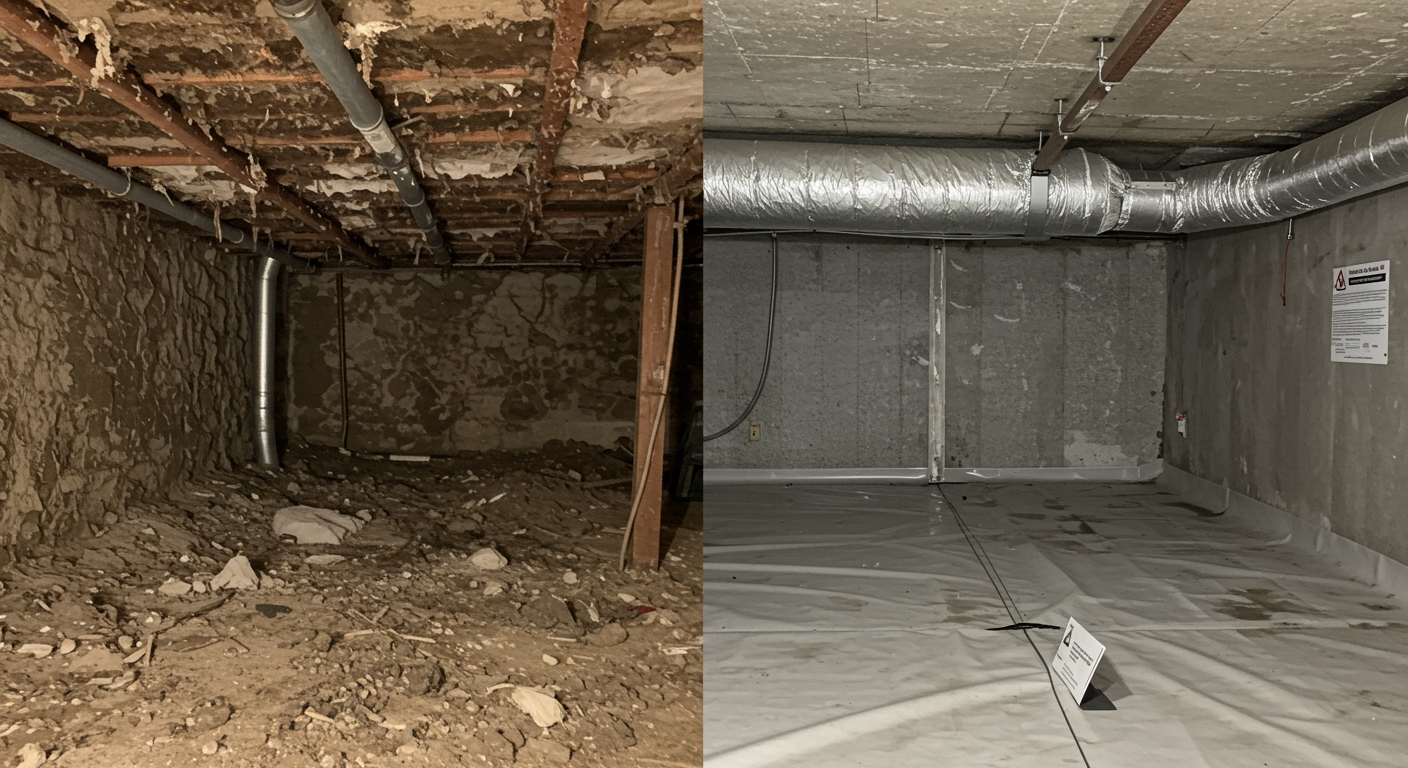 A split image showing a crawl space before and after mold remediation. The left side depicts a mold-infested area, while the right side shows a clean, dry, and encapsulated crawl space.