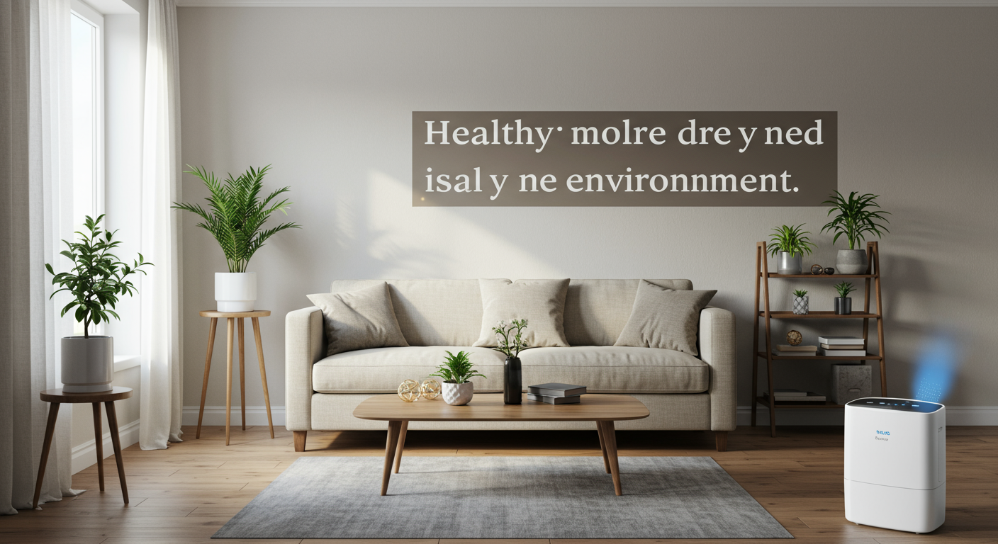 A bright and clean living room with natural light streaming in, showcasing a healthy and mold-free environment. The image includes subtle details like houseplants and a dehumidifier in the corner.