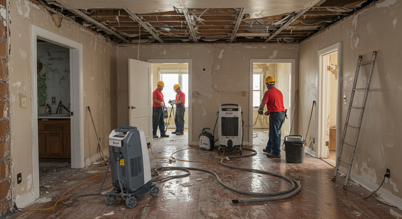 Home restoration process with visible water damage and restoration equipment
