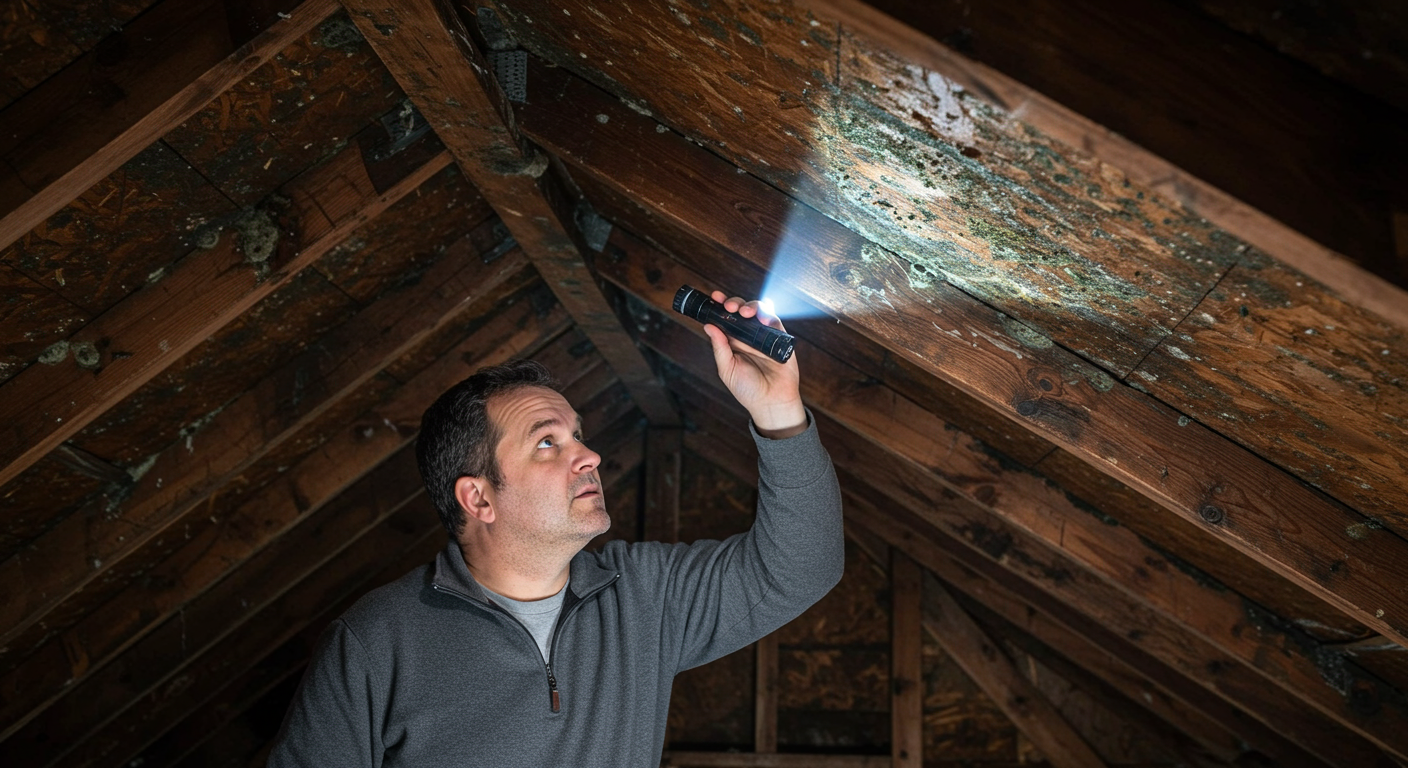 A homeowner inspecting their attic with a flashlight, identifying mold growth on wooden beams. The image highlights the importance of regular inspections to prevent mold issues.