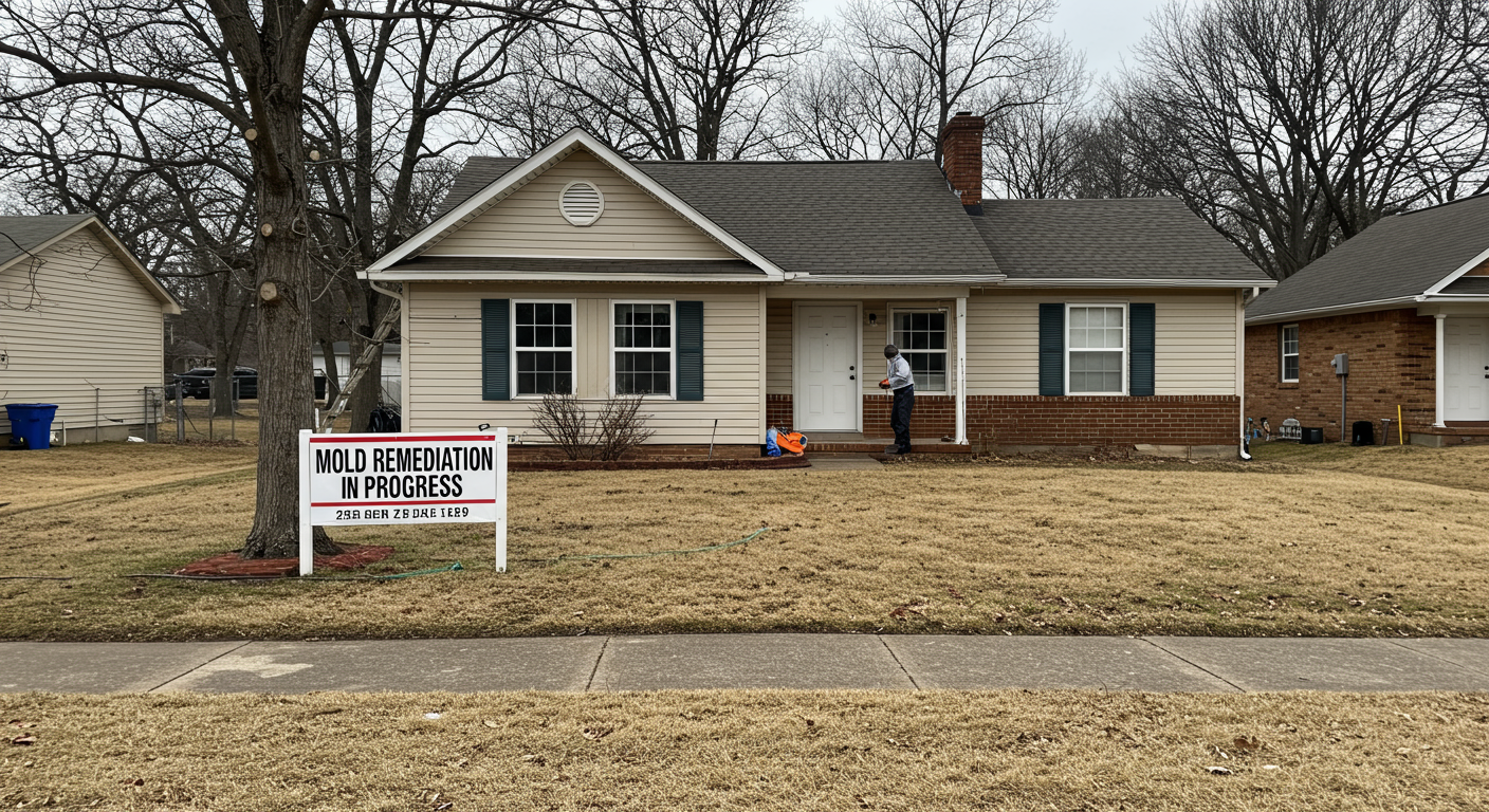 A Tuscaloosa neighborhood with a focus on a home undergoing mold remediation. The image includes a visible 'Mold Remediation in Progress' sign and a technician working on the property.