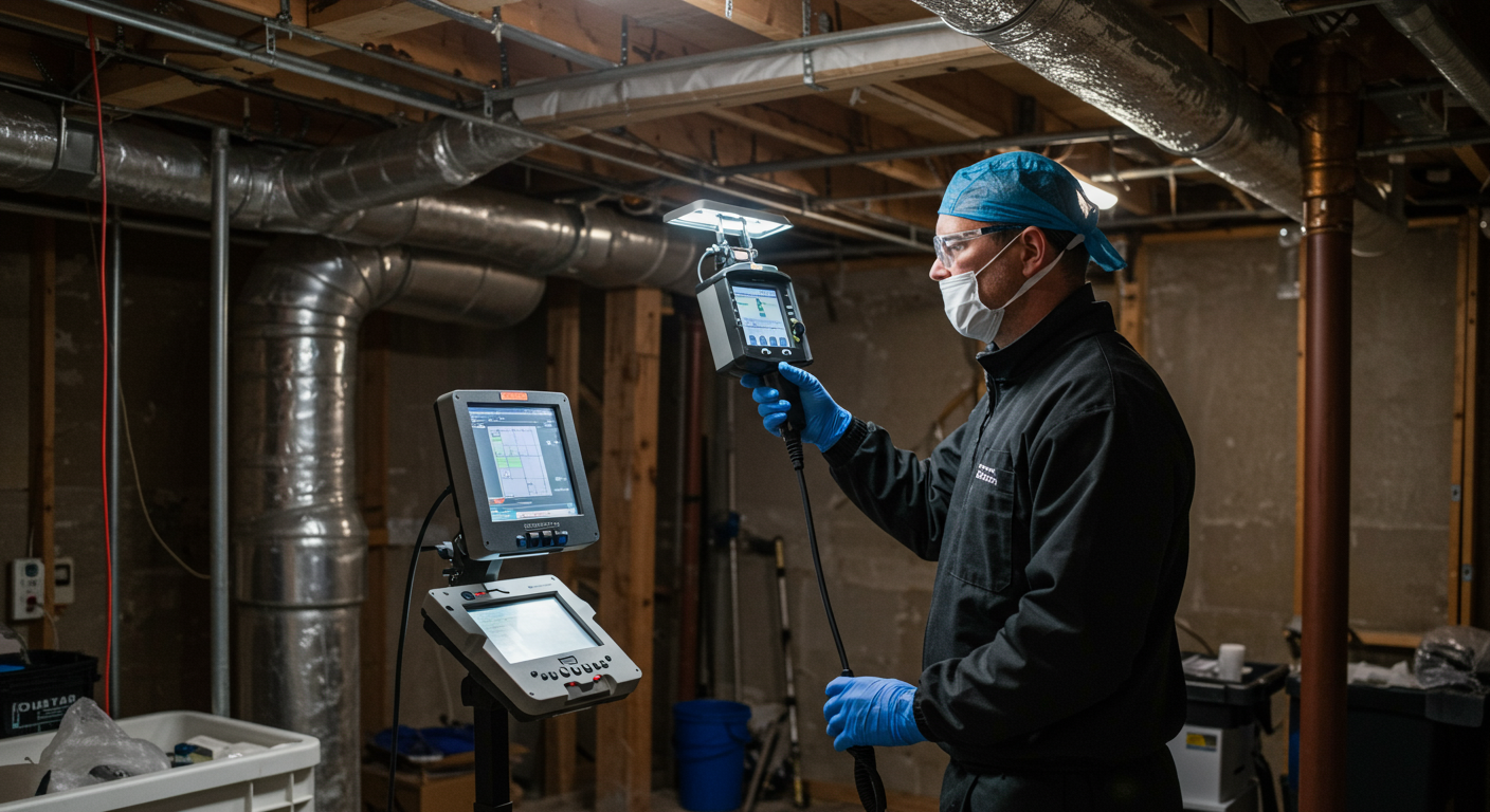 A technician using advanced mold detection equipment in a basement, showcasing the technology and thoroughness involved in professional mold remediation services in Huntsville, AL.
