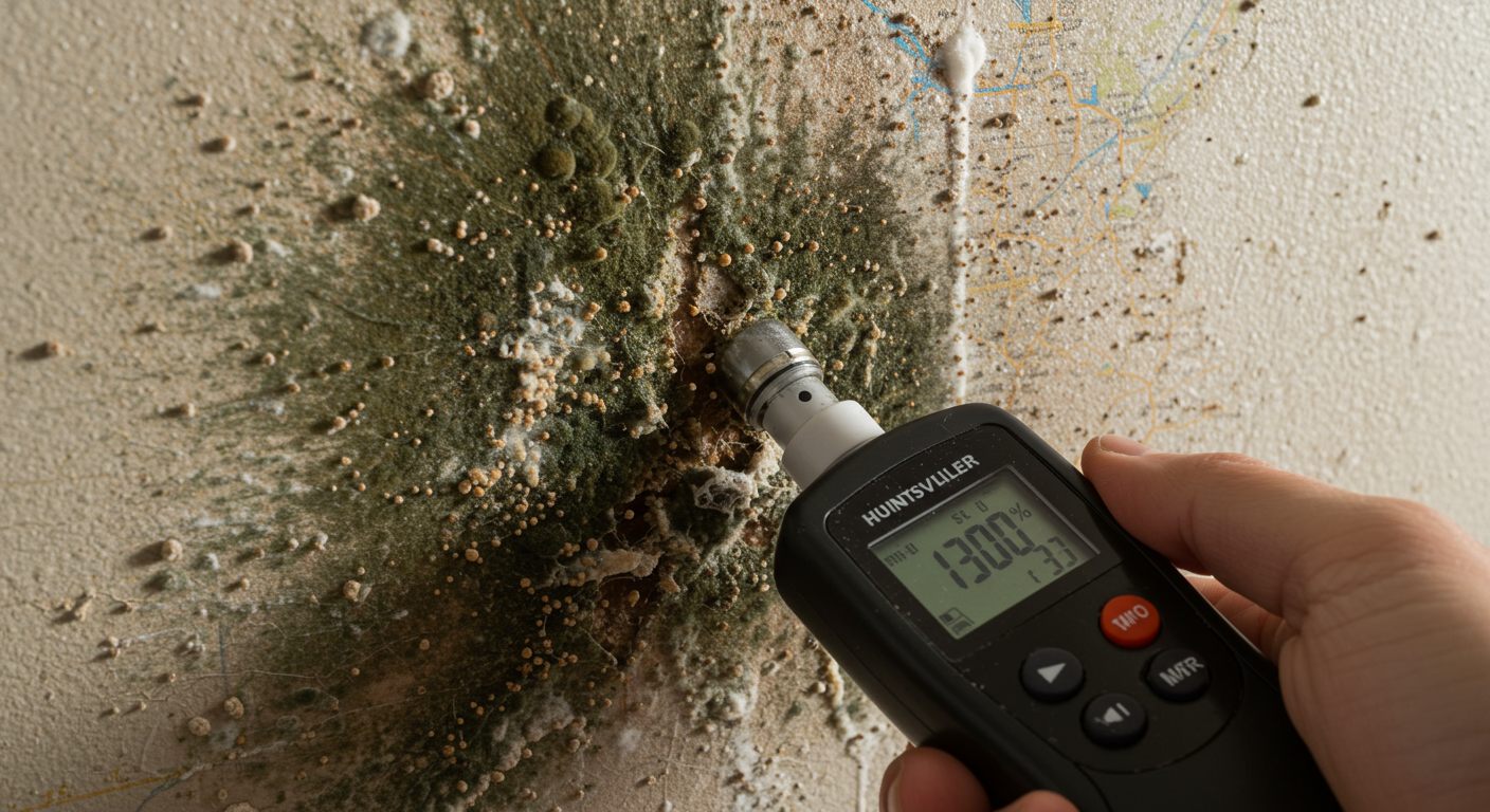 A close-up of mold growth on a damp wall, with a hand holding a moisture meter to measure humidity levels. The background subtly includes a Huntsville map or landmark to add local relevance.