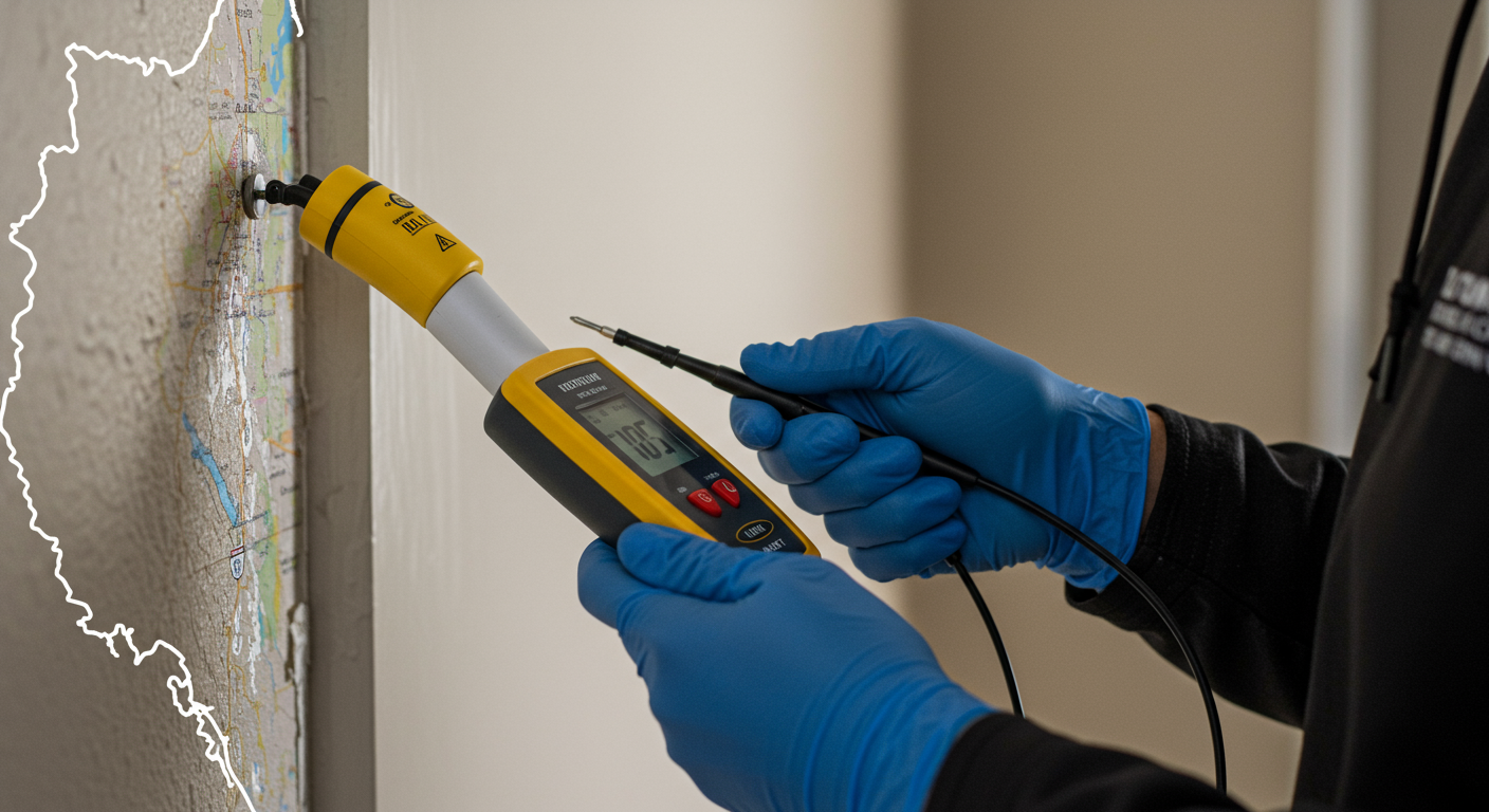 A close-up of a technician using a moisture meter to inspect a wall for mold growth. The background subtly includes a map outline or landmark of Huntsville, AL, to localize the image.
