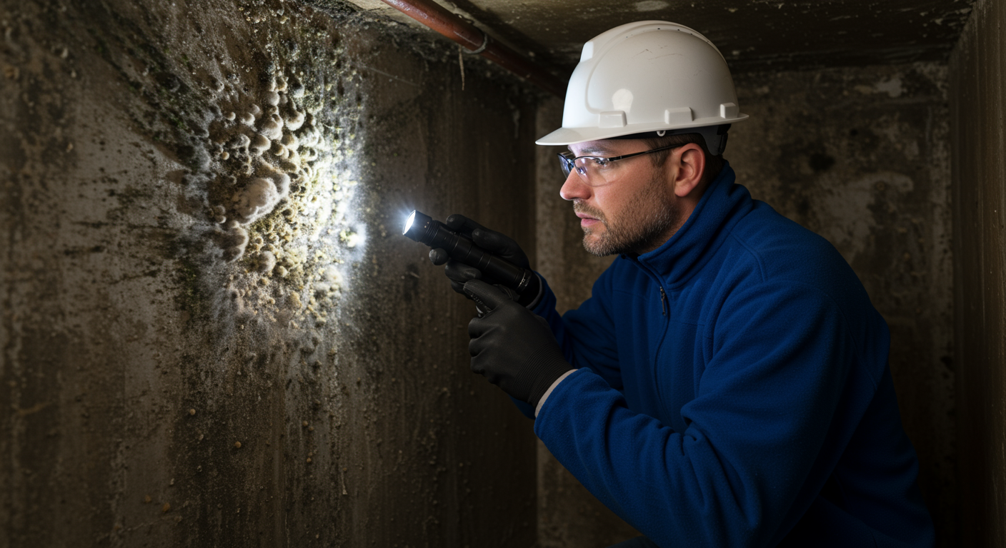 A professional home inspector using a flashlight to examine mold growth in a damp corner of a basement. The image highlights the inspection process before remediation begins.