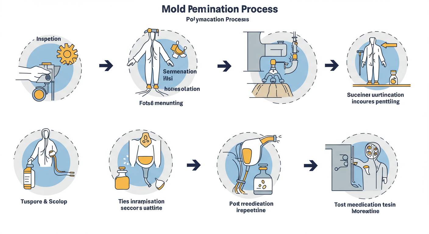 A step-by-step visual representation of the mold remediation process, showing inspection, removal, and post-remediation testing. Each step is depicted with a clear, professional image of the process.