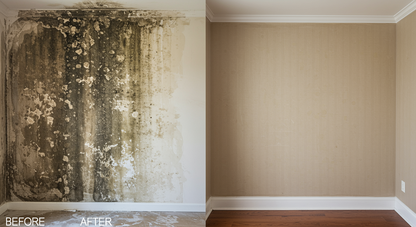 Professional mold remediation technician inspecting a mold-infested wall in Huntsville, AL.