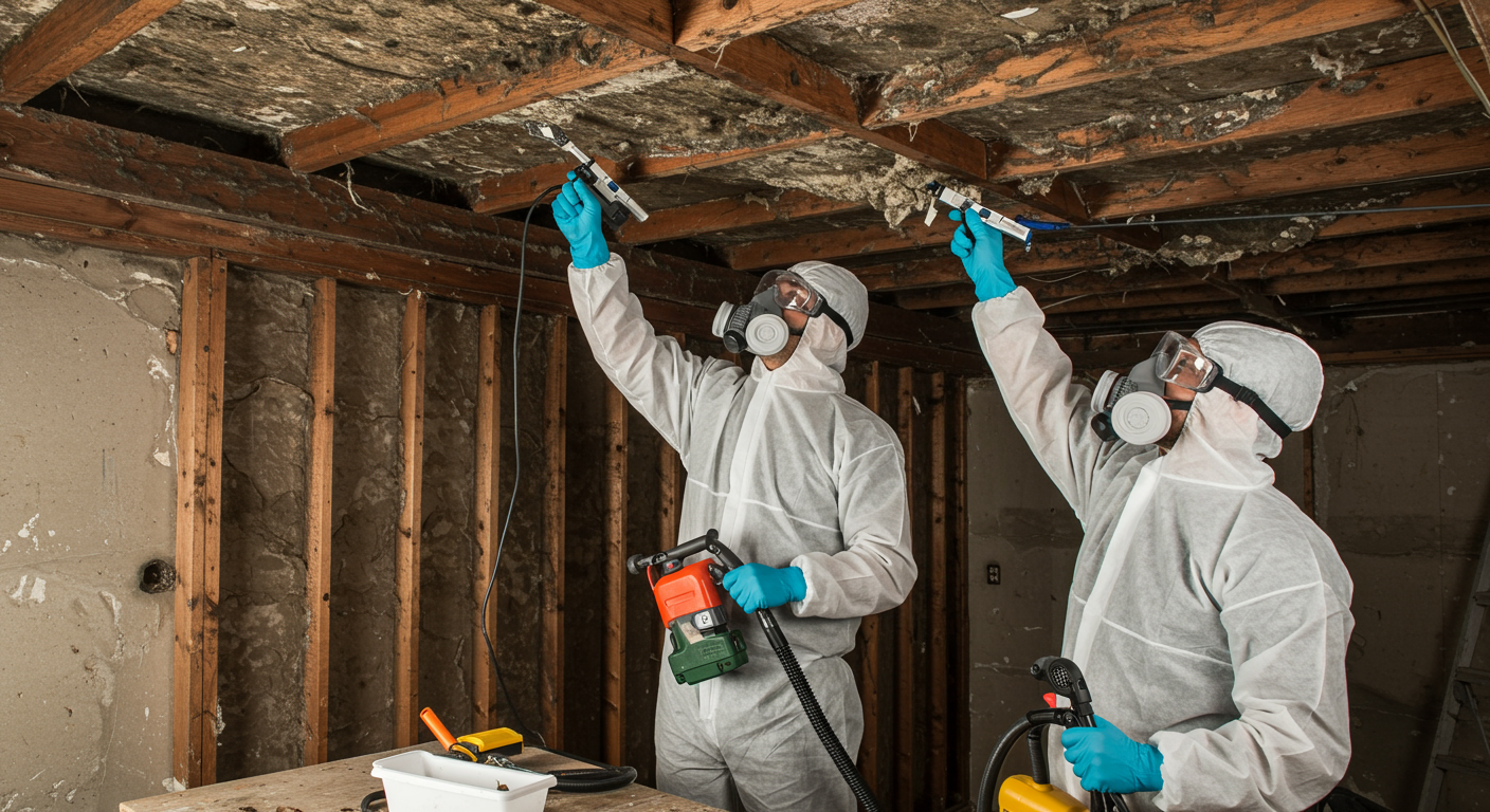 A team of mold remediation professionals in action, carefully removing mold from a ceiling with specialized equipment and protective gear.