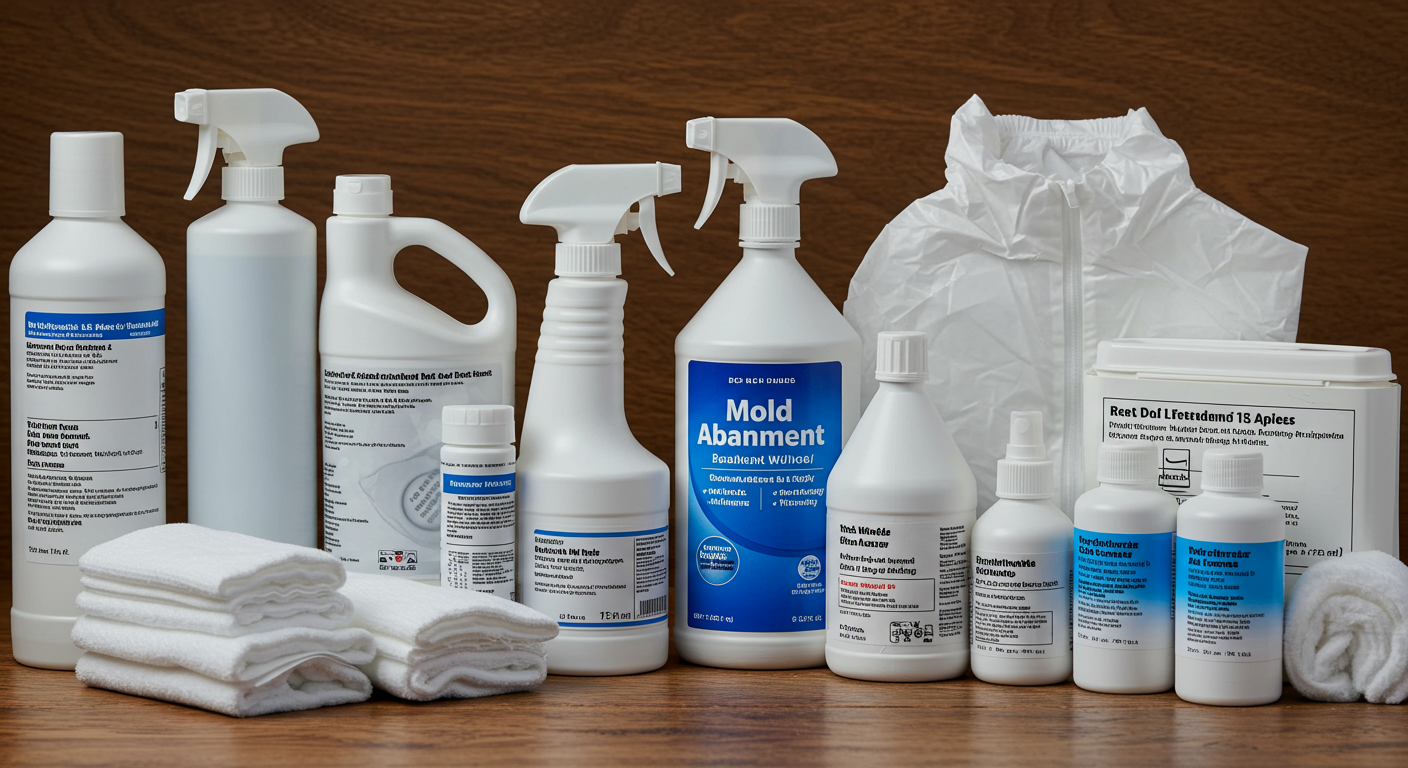 A close-up shot of various mold abatement products arranged neatly on a wooden surface. The products include sprays, wipes, and protective gear, showcasing their labels clearly.