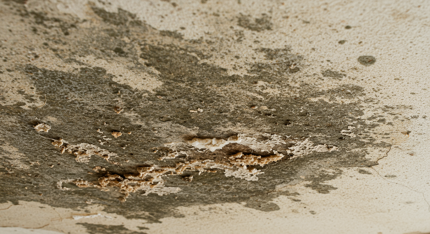 A detailed shot of a water-damaged ceiling with mold patches, illustrating the hidden dangers of mold growth in homes.