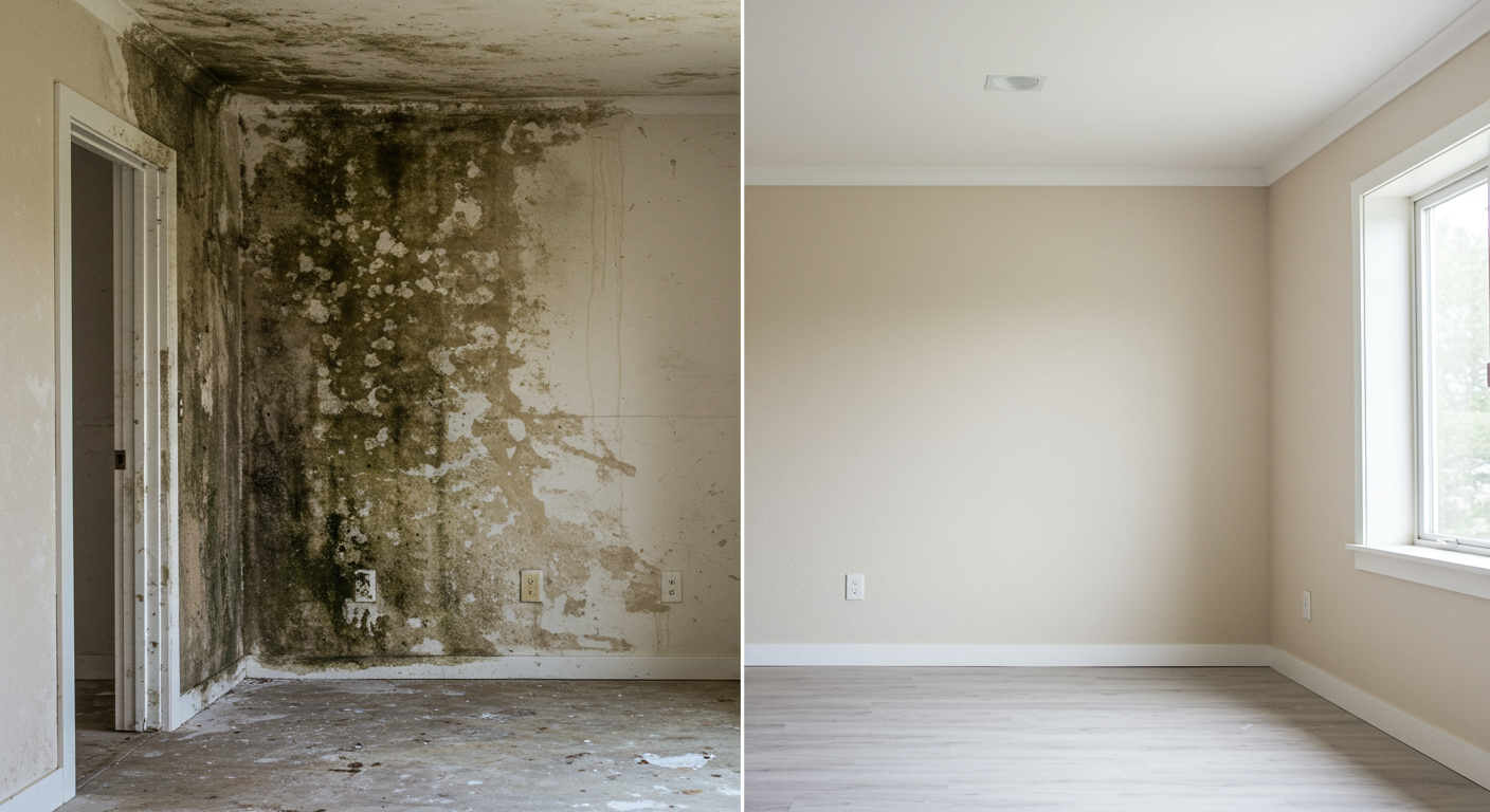 A split image showing a room before and after mold remediation, highlighting the transformation. The left side shows visible mold, while the right side is clean and bright.